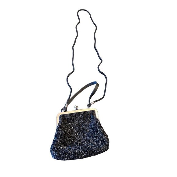 Vintage Valerie Stevens Black Beaded Evening Bag With Silver Frame & Long Strap - Picture 1 of 5